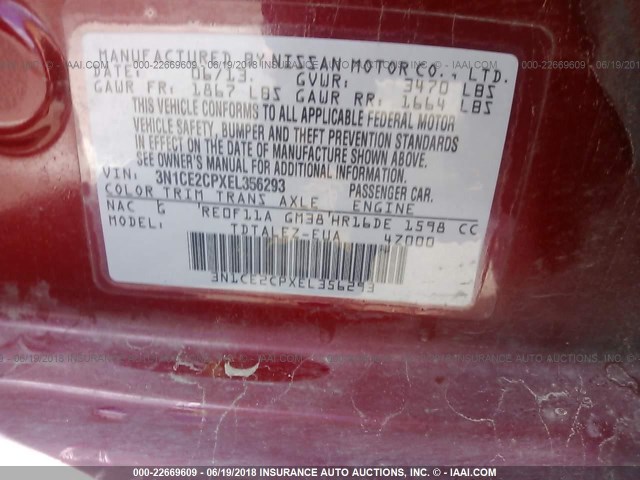 3N1CE2CPXEL356293 - 2014 NISSAN VERSA NOTE S/S PLUS/SV/SL RED photo 9