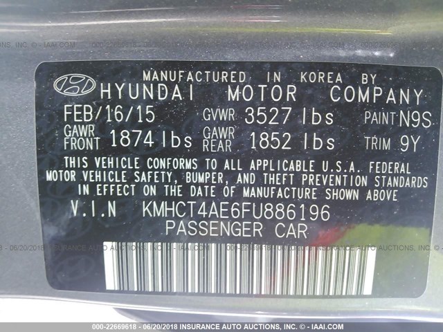 KMHCT4AE6FU886196 - 2015 HYUNDAI ACCENT GLS GRAY photo 9