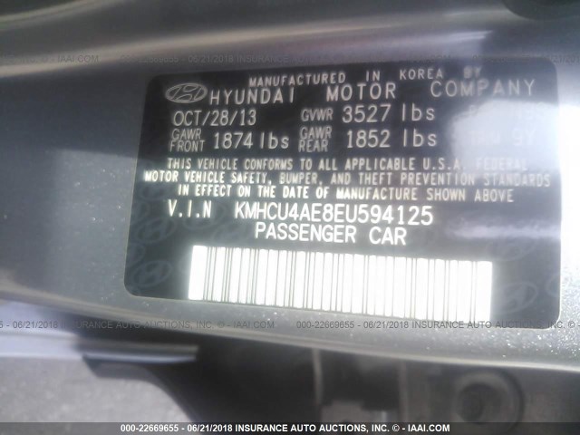 KMHCU4AE8EU594125 - 2014 HYUNDAI ACCENT GLS/SE GRAY photo 9