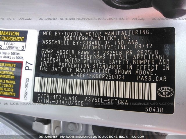 4T4BF1FK6CR250024 - 2012 TOYOTA CAMRY SE/LE/XLE ვერცხლისფერი ფოტო 9