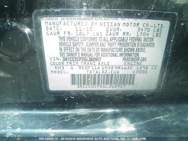 3N1CE2CP2GL368957 - 2016 NISSAN VERSA NOTE S/S PLUS/SV/SL/SR BLACK photo 9
