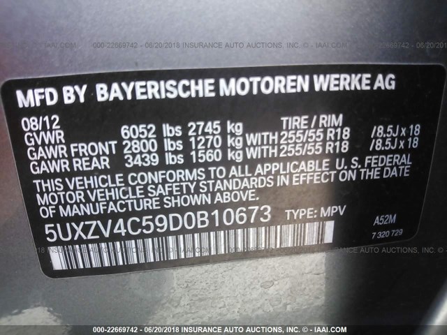 5UXZV4C59D0B10673 - 2013 BMW X5 XDRIVE35I GRAY photo 9