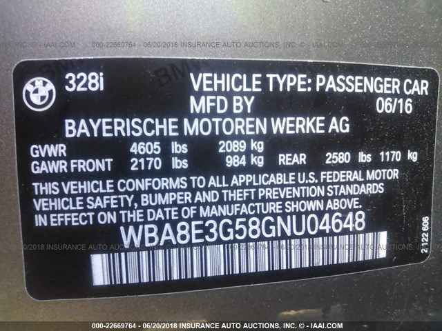 WBA8E3G58GNU04648 - 2016 BMW 328 XI SULEV GRAY photo 9