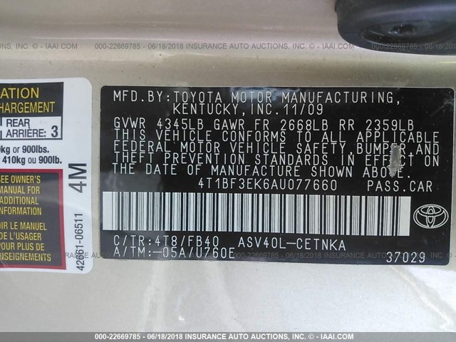 4T1BF3EK6AU077660 - 2010 TOYOTA CAMRY SE/LE/XLE 金色 照片 9