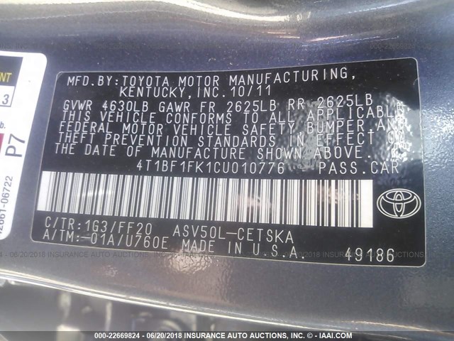 4T1BF1FK1CU010776 - 2012 TOYOTA CAMRY SE/LE/XLE 灰色 照片 9