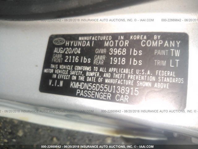 KMHDN56D55U138915 - 2005 HYUNDAI ELANTRA GLS/GT GRAY photo 9