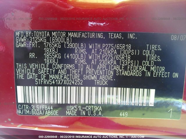 5TFRV541X7X024252 - 2007 TOYOTA TUNDRA DOUBLE CAB SR5 RED photo 9