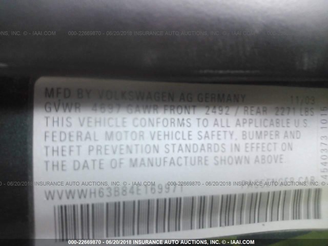 WVWWH63B84E169971 - 2004 VOLKSWAGEN PASSAT GLX 绿色 照片 9