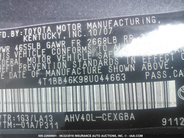 4T1BB46K98U044663 - 2008 TOYOTA CAMRY HYBRID GRAY photo 9