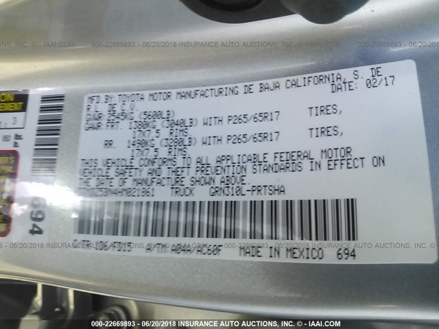 3TMDZ5BN4HM021861 - 2017 TOYOTA TACOMA DBL CAB/SR5/TRD SPORT/OR SILVER photo 9