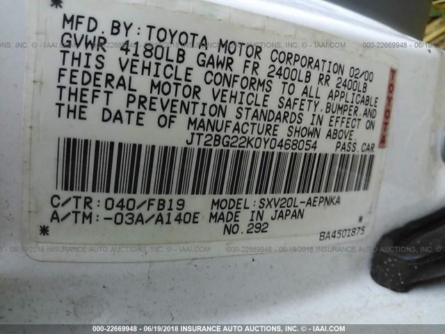 JT2BG22K0Y0468054 - 2000 TOYOTA CAMRY CE/LE/XLE თეთრი ფოტო 9
