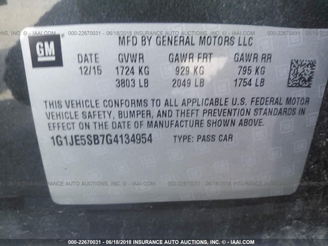 1G1JE5SB7G4134954 - 2016 CHEVROLET SONIC LTZ GRAY photo 9