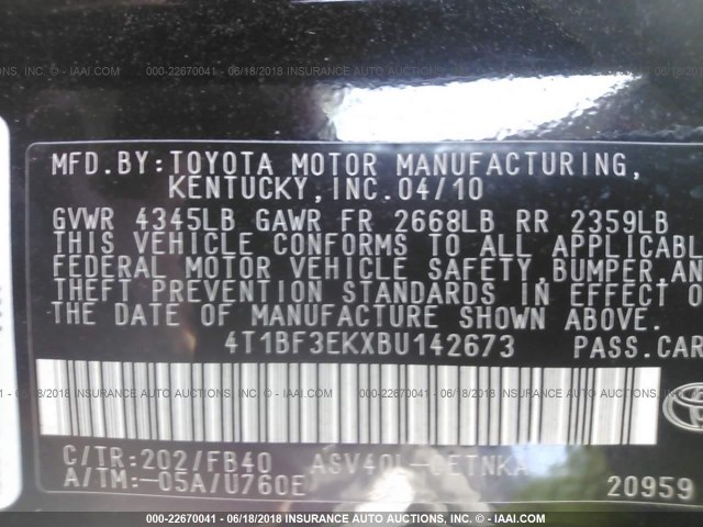 4T1BF3EKXBU142673 - 2011 TOYOTA CAMRY SE/LE/XLE BLACK photo 9