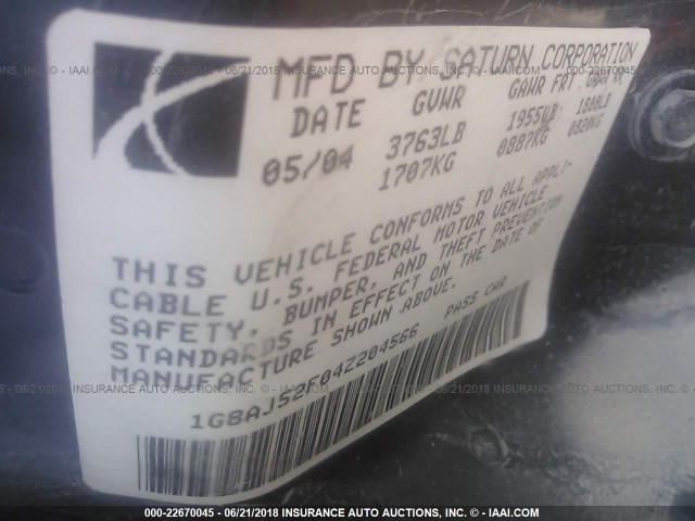 1G8AJ52F04Z204566 - 2004 SATURN ION LEVEL 2 BLACK photo 9