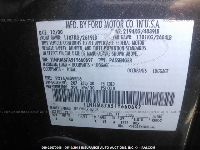 1LNHM87A51Y660697 - 2001 LINCOLN LS Boz foto 9