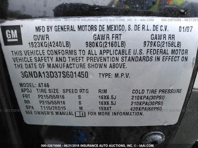 3GNDA13D37S601450 - 2007 CHEVROLET HHR LS BLACK photo 9