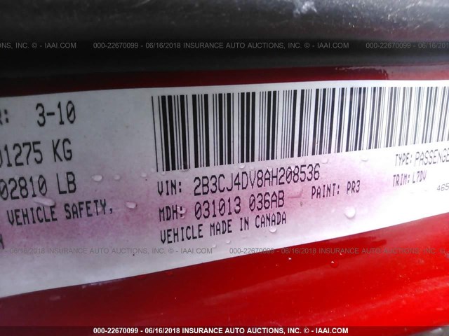 2B3CJ4DV8AH208536 - 2010 DODGE CHALLENGER SE RED photo 9