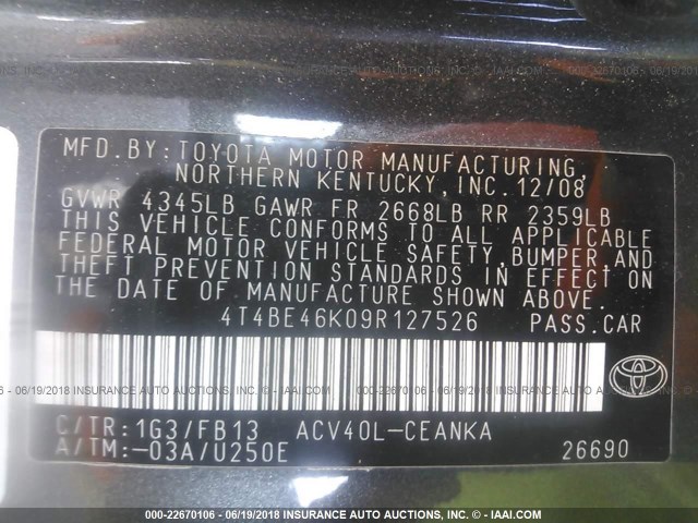 4T4BE46K09R127526 - 2009 TOYOTA CAMRY SE/LE/XLE 灰色 照片 9