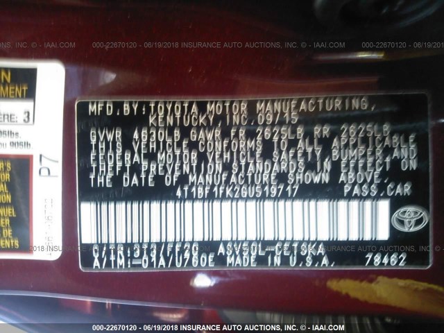 4T1BF1FK2GU519717 - 2016 TOYOTA CAMRY LE/XLE/SE/XSE 红色 照片 9