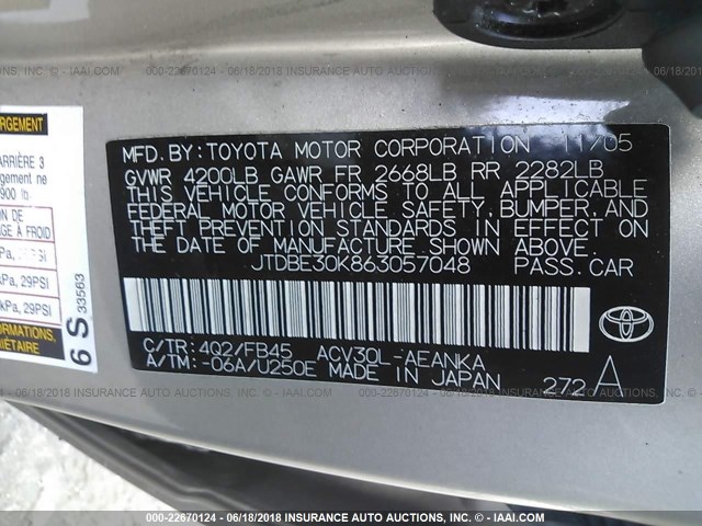 JTDBE30K863057048 - 2006 TOYOTA CAMRY LE/XLE 米色 照片 9