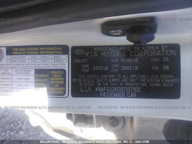 KNAFG526087137931 - 2008 KIA RONDO LX/EX SILVER photo 9