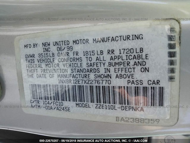 1NXBR12E7XZ276770 - 1999 TOYOTA COROLLA VE/CE/LE 银色 照片 9