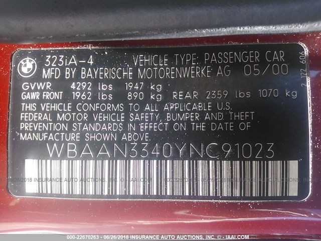 WBAAN3340YNC91023 - 2000 BMW 323 I BURGUNDY photo 9