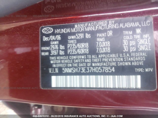 5NMSH73E37H057854 - 2007 HYUNDAI SANTA FE SE/LIMITED MAROON photo 9