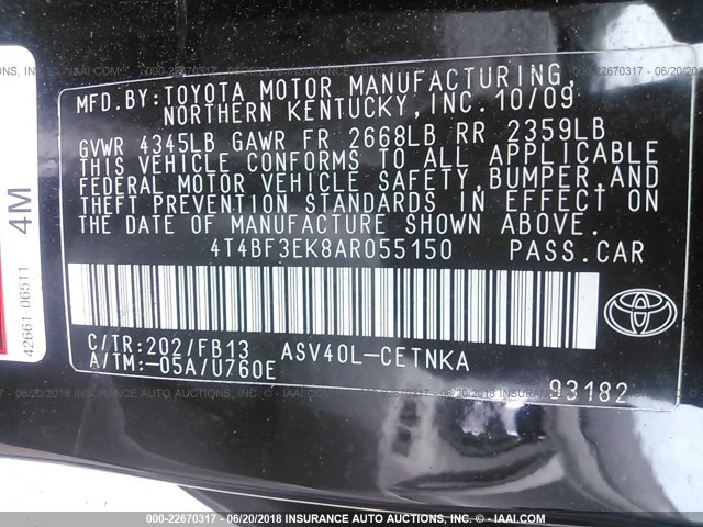 4T4BF3EK8AR055150 - 2010 TOYOTA CAMRY SE/LE/XLE 黑色 照片 9