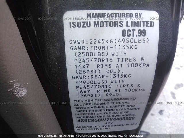 4S6CK58W7Y4400920 - 2000 HONDA PASSPORT EX/LX Սև լուսանկար 9
