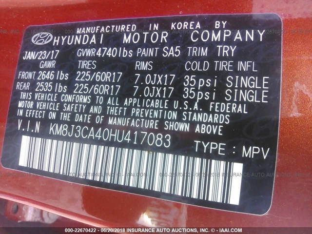 KM8J3CA40HU417083 - 2017 HYUNDAI TUCSON LIMITED/SPORT AND ECO/SE ORANGE photo 9