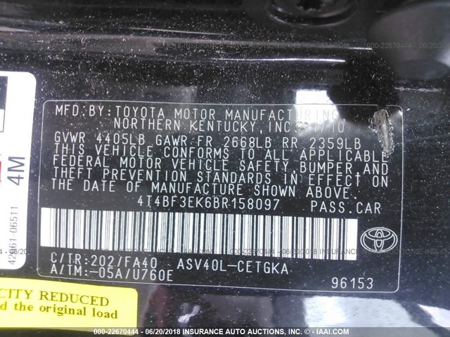 4T4BF3EK6BR158097 - 2011 TOYOTA CAMRY SE/LE/XLE BLACK photo 9