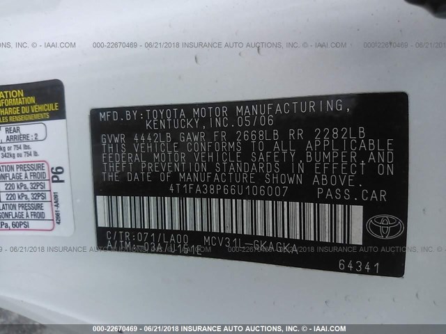 4T1FA38P66U106007 - 2006 TOYOTA CAMRY SOLARA SE/SLE Ağ foto 9