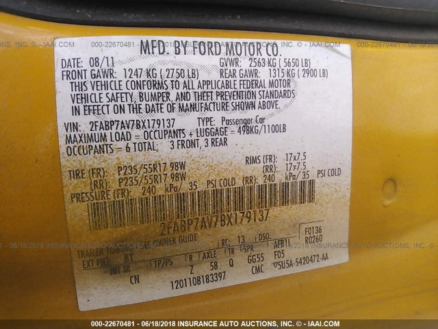 2FABP7AV7BX179137 - 2011 FORD CROWN VICTORIA S YELLOW photo 9