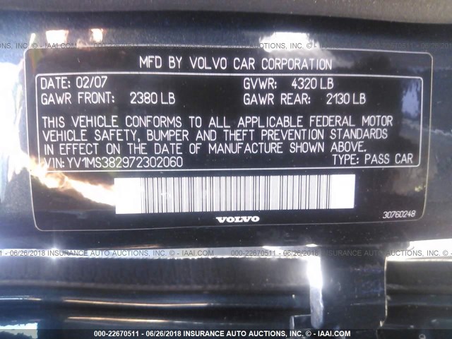 YV1MS382972302060 - 2007 VOLVO S40 2.4I BLUE photo 9