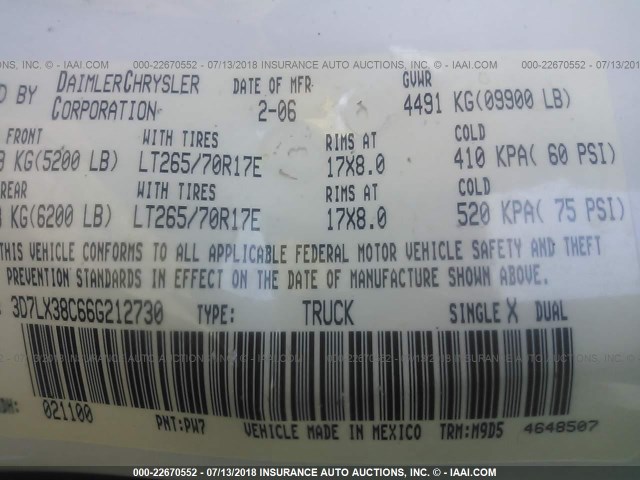 3D7LX38C66G212730 - 2006 DODGE RAM 3500 ST/SLT WHITE photo 9