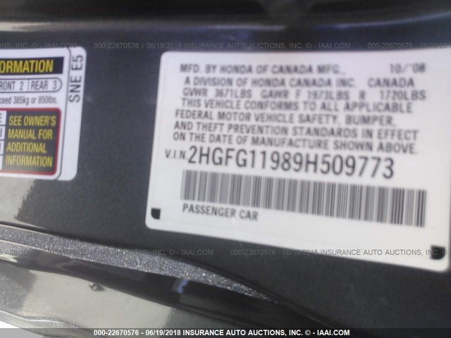 2HGFG11989H509773 - 2009 HONDA CIVIC EXL GRAY photo 9