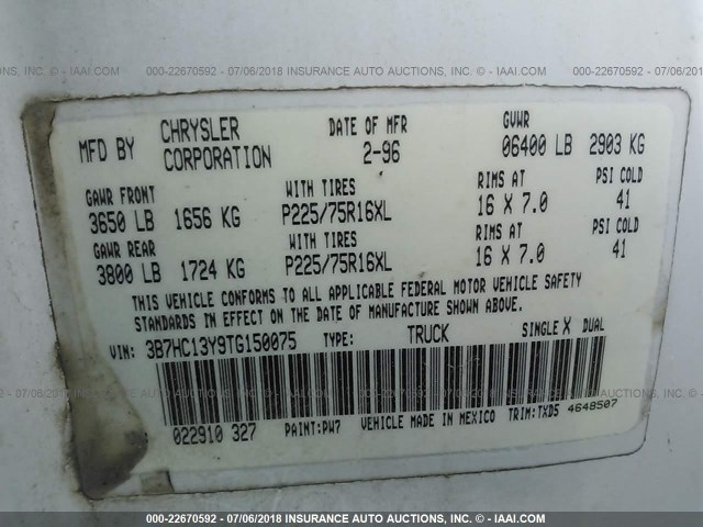 3B7HC13Y9TG150075 - 1996 DODGE RAM 1500 WHITE photo 9