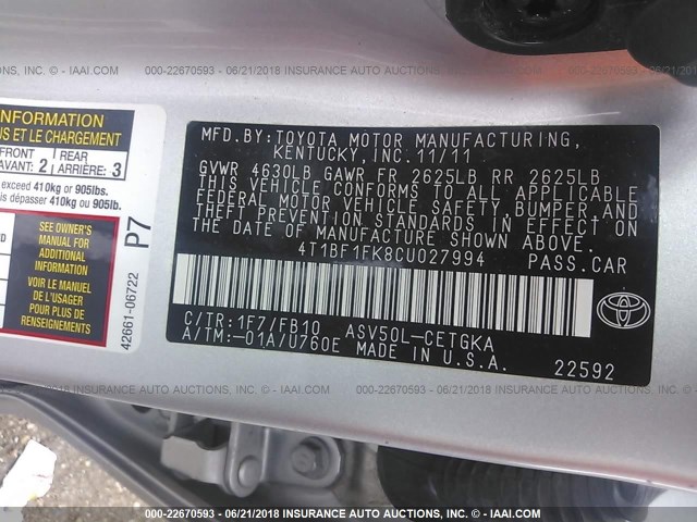 4T1BF1FK8CU027994 - 2012 TOYOTA CAMRY SE/LE/XLE 银色 照片 9
