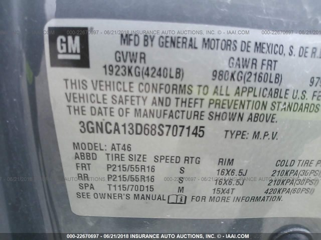3GNCA13D68S707145 - 2008 CHEVROLET HHR LS GRAY photo 9