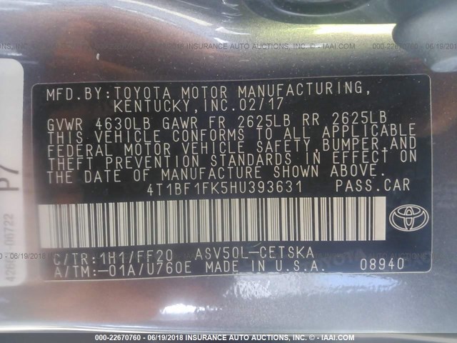 4T1BF1FK5HU393631 - 2017 TOYOTA CAMRY LE/XLE/SE/XSE GRAY photo 9