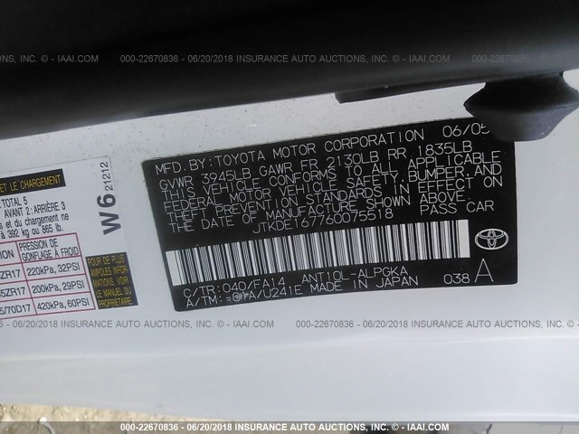 JTKDE167760075518 - 2006 TOYOTA SCION TC 白色 照片 9