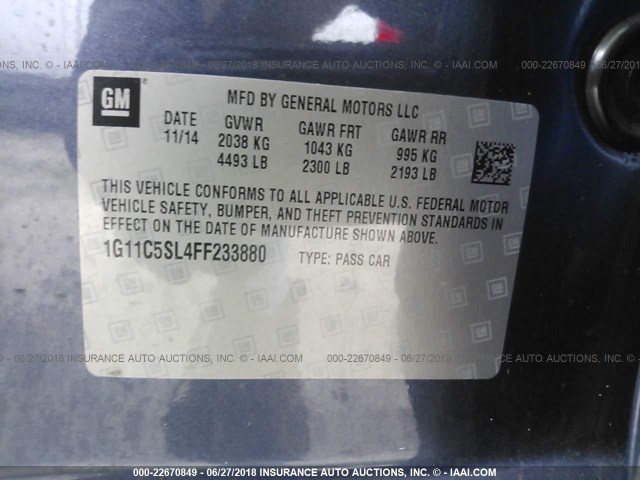 1G11C5SL4FF233880 - 2015 CHEVROLET MALIBU 1LT 蓝色 照片 9