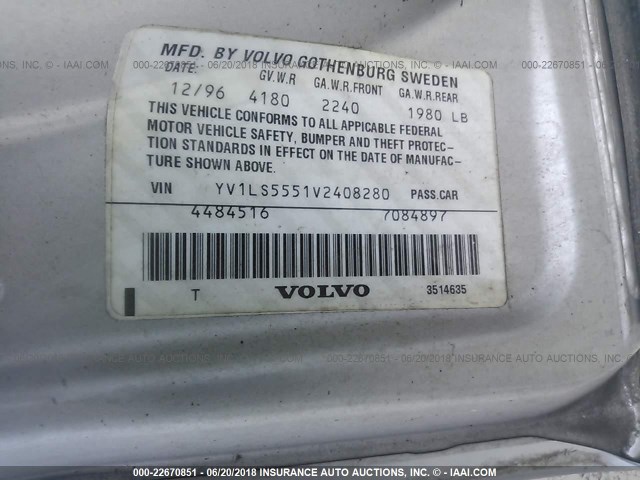 YV1LS5551V2408280 - 1997 VOLVO 850 SILVER photo 9