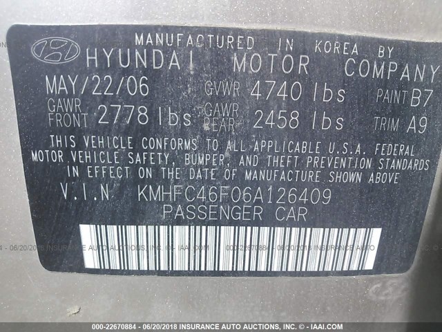 KMHFC46F06A126409 - 2006 HYUNDAI AZERA SE/LIMITED GOLD photo 9