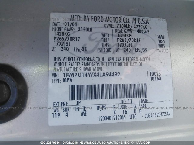 1FMPU14WX4LA94492 - 2004 FORD EXPEDITION XLS SILVER photo 9