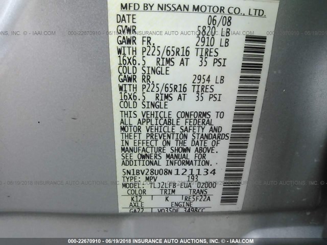 5N1BV28U08N121134 - 2008 NISSAN QUEST S/SE/SL SILVER photo 9