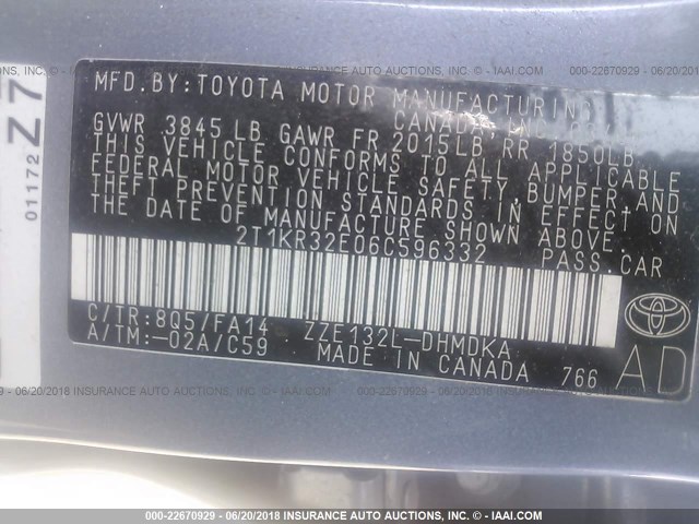 2T1KR32E06C596332 - 2006 TOYOTA COROLLA MATRIX XR Light Blue photo 9