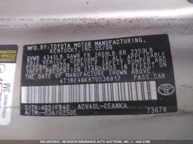 4T1BE46K87U536817 - 2007 TOYOTA CAMRY NEW GENERAT CE/LE/XLE/SE GOLD photo 9