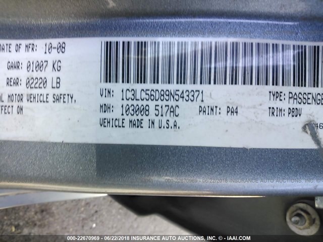 1C3LC56D89N543371 - 2009 CHRYSLER SEBRING TOURING/LIMITED GRAY photo 9